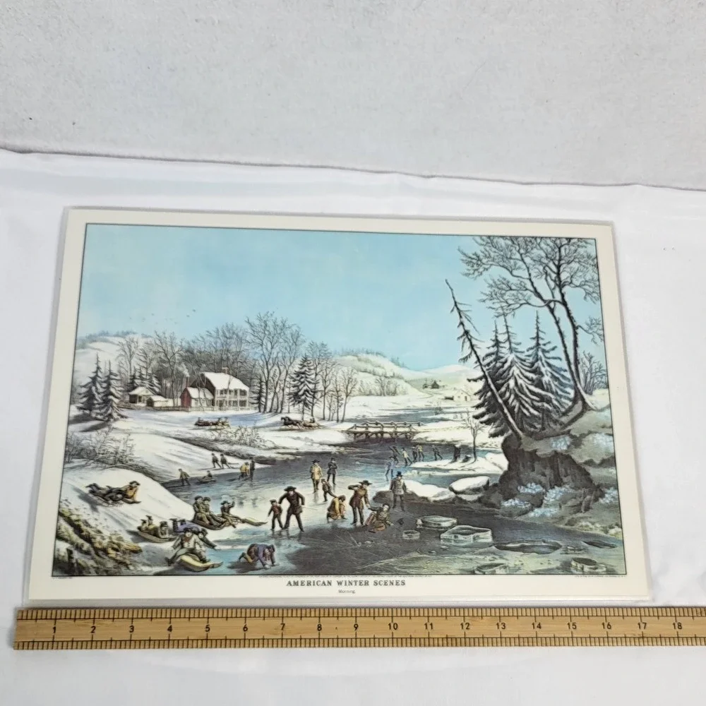 Currier and Ives American Winter Scenes 4 VTG Placemats Set Reversible Christmas